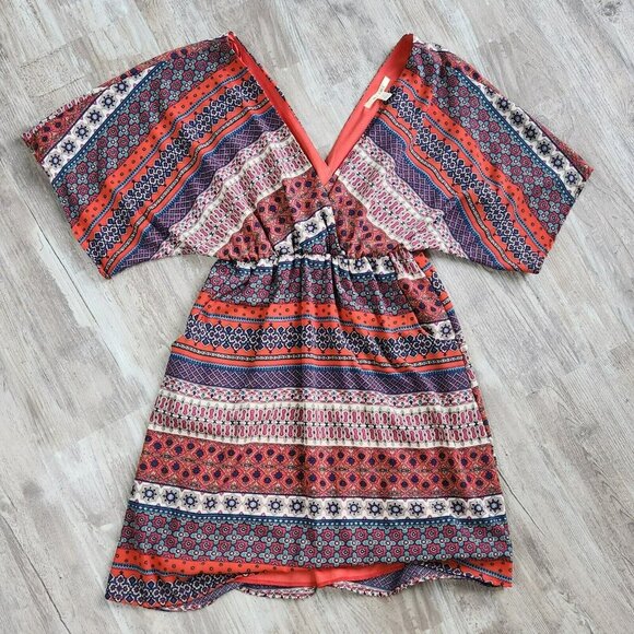 Boho V-Neck Plunge Summer Dress Kimono Sleeve Pockets Multi-Color Print - Picture 2 of 14